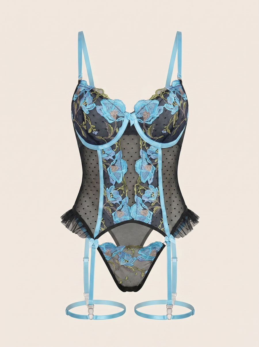 2 Piece Floral Blue Embroidered Mesh Lingerie Set with Scalloped Edges-Corset-Bellascena-Blue-S-bellascena