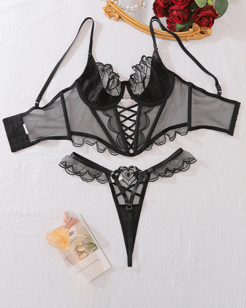 2 Piece Pink Heart Lace Embroidered Mesh Lingerie Set with Strappy Detail-Corset-Bellascena-bellascena