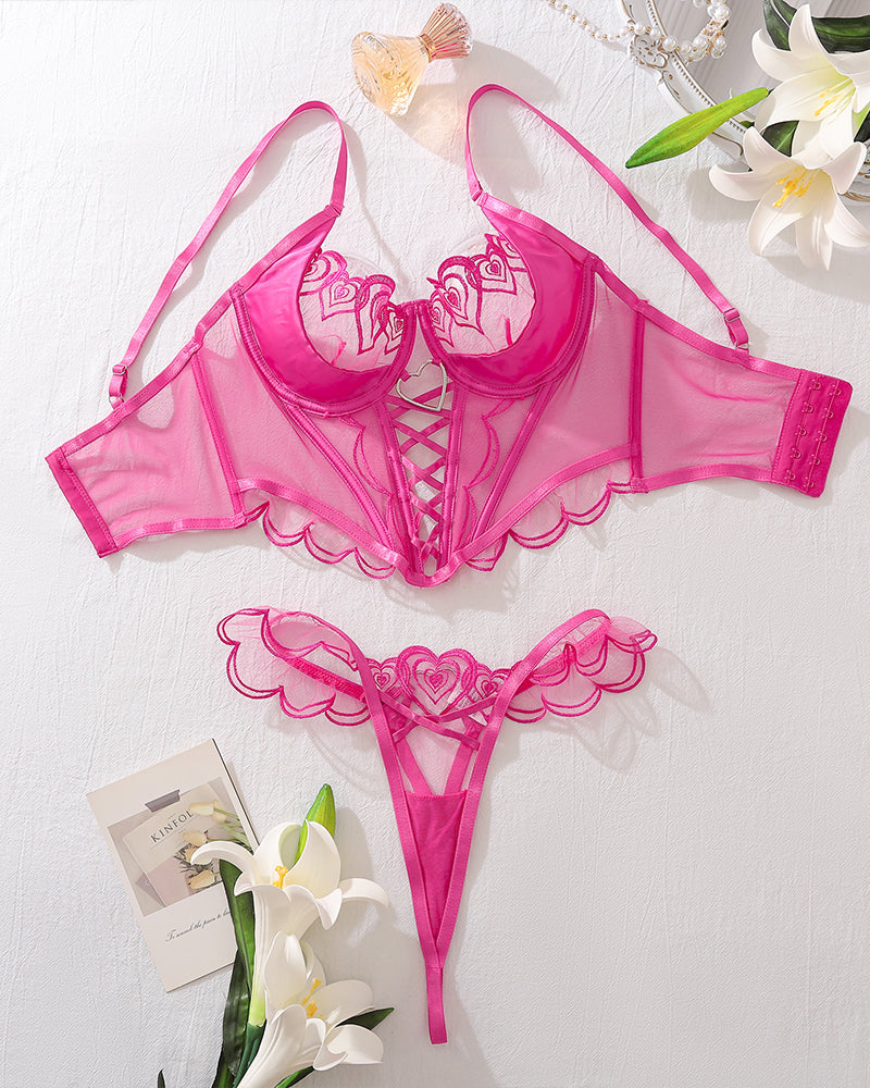 2 Piece Pink Heart Lace Embroidered Mesh Lingerie Set with Strappy Detail-Corset-Bellascena-Rose Red-S-bellascena