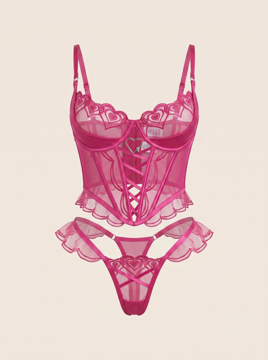 2 Piece Pink Heart Lace Embroidered Mesh Lingerie Set with Strappy Detail-Corset-Bellascena-bellascena