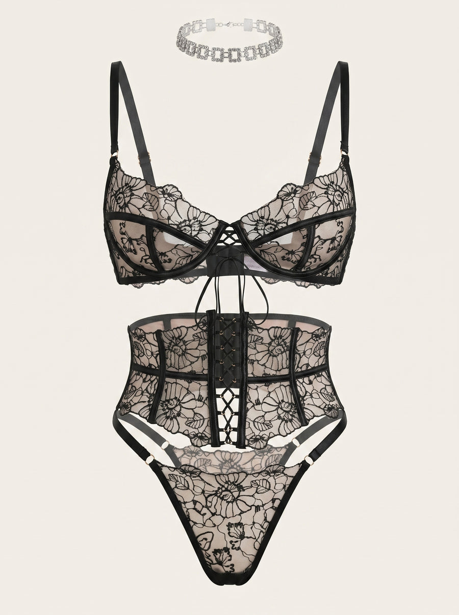 3 Piece Floral Black Embroidered Mesh Lingerie Set with Strappy Details-Corset-Bellascena-Black-S-bellascena