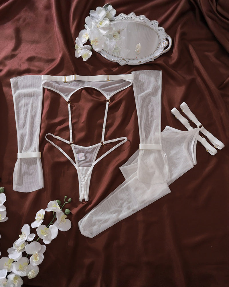 3 Piece Sheer White Mesh Lingerie Set with Strappy Detail-Bodysuit-Bellascena-bellascena