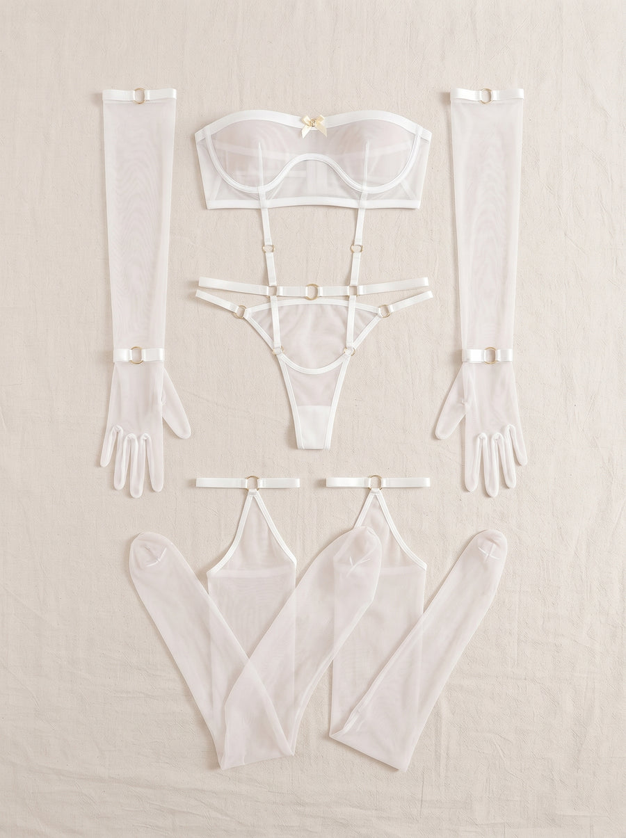 3 Piece Sheer White Mesh Lingerie Set with Strappy Detail-Bodysuit-Bellascena-bellascena