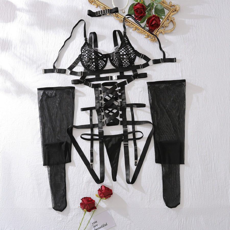 5 Piece Black Mesh Lingerie Set with Strappy Sheer Detailing-Lingerie Set-Bellascena-bellascena
