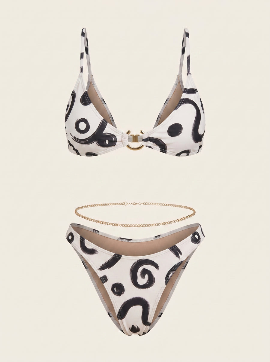 Abstract Black and Beige Polyester Swimwear Set with Bead Detail-One-Piece Swimsuit-Bellascena-S-Beige-bellascena