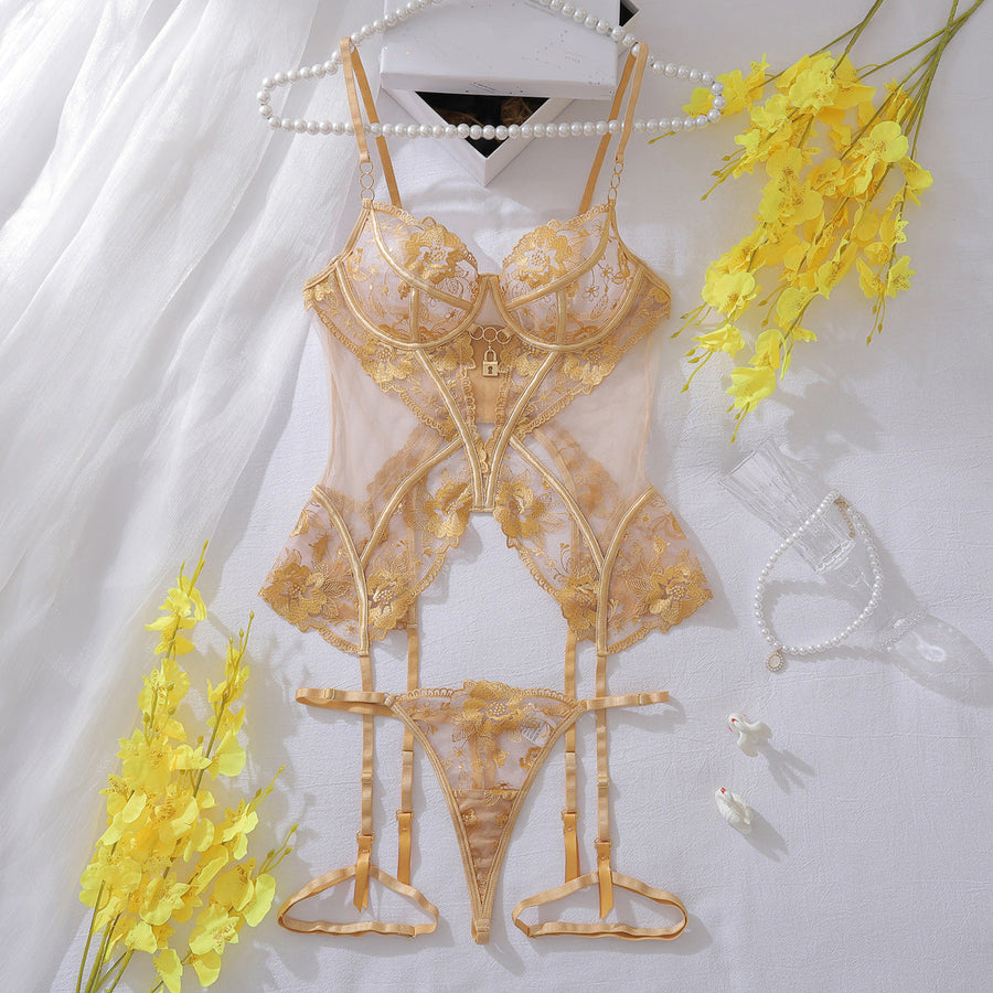 Alluring Black Floral Lace Lingerie Set with Sheer Detail-Lingerie Set-Bellascena-Gold-S-bellascena