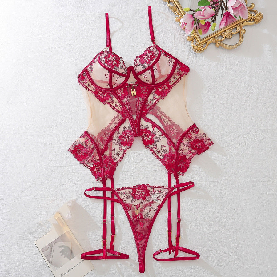 Alluring Black Floral Lace Lingerie Set with Sheer Detail-Lingerie Set-Bellascena-Red-S-bellascena