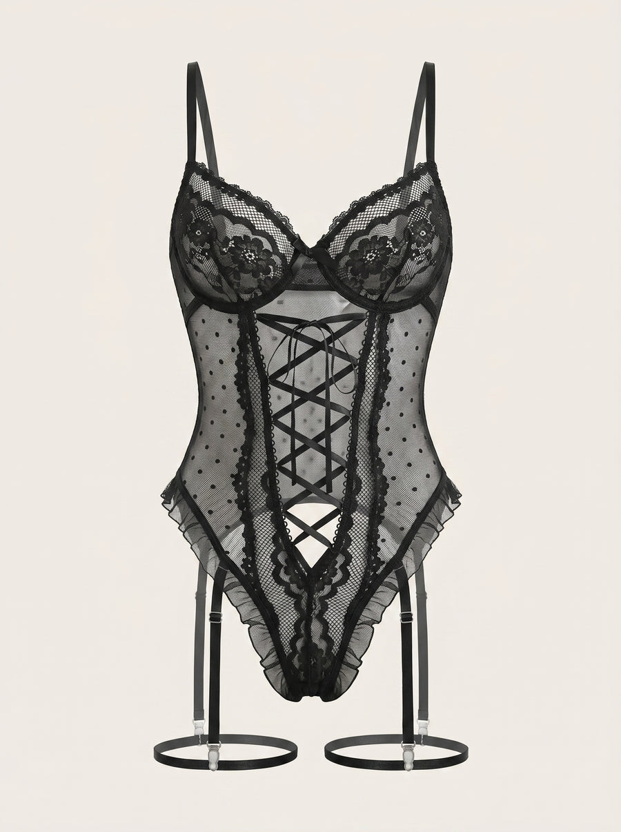 Alluring Black Lace Bodysuit with Strappy Cutouts-Bodysuit-Bellascena-Black-S-bellascena
