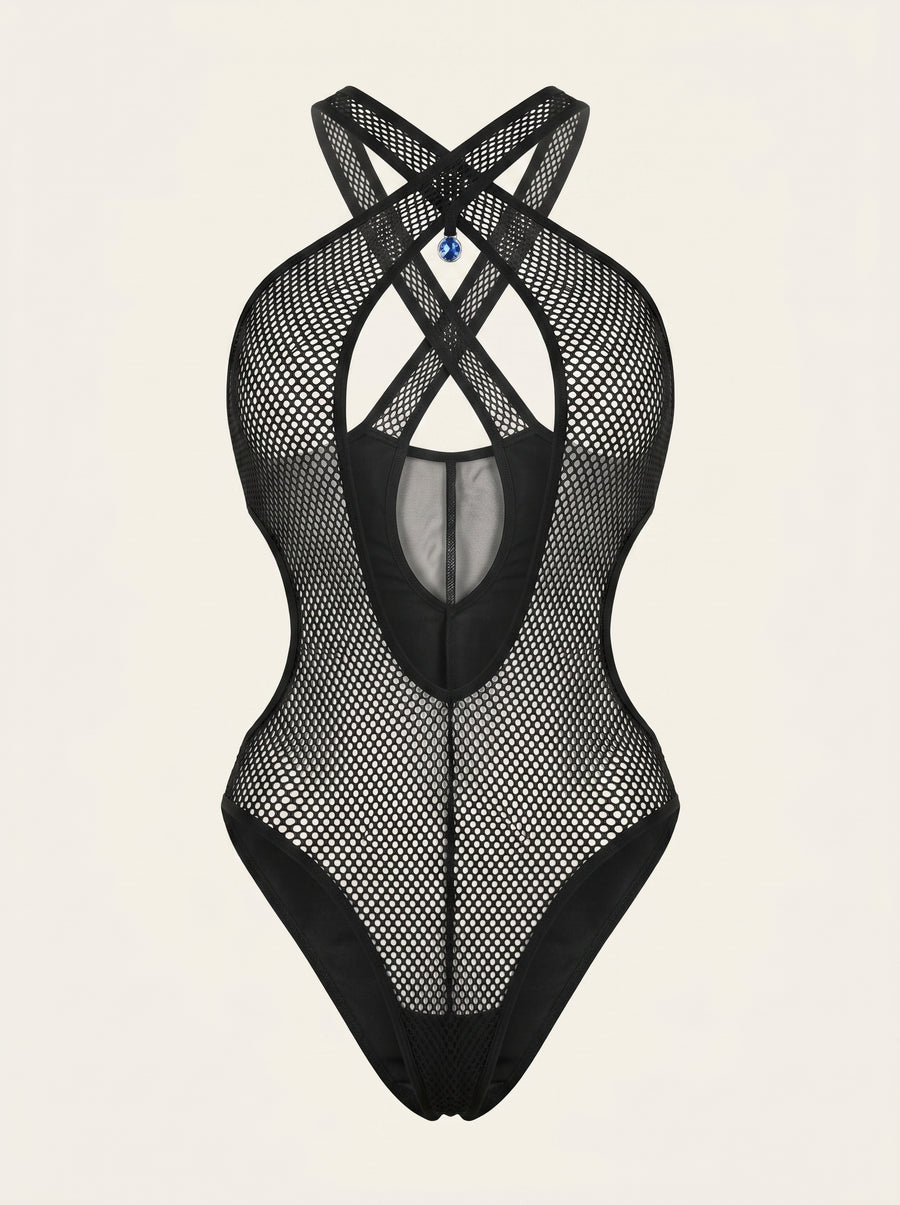 Alluring Black Mesh Bodysuit with Criss-Cross Detail-Bodysuit-Bellascena-Black-S-bellascena