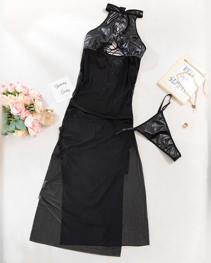 Alluring Black Mesh Nightgown with Lace-Up & Cutout-Nightgown-Bellascena-bellascena