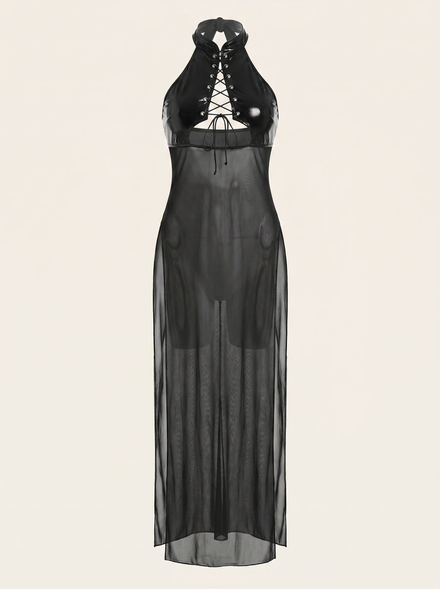 Alluring Black Mesh Nightgown with Lace-Up & Cutout-Nightgown-Bellascena-Black-S-bellascena