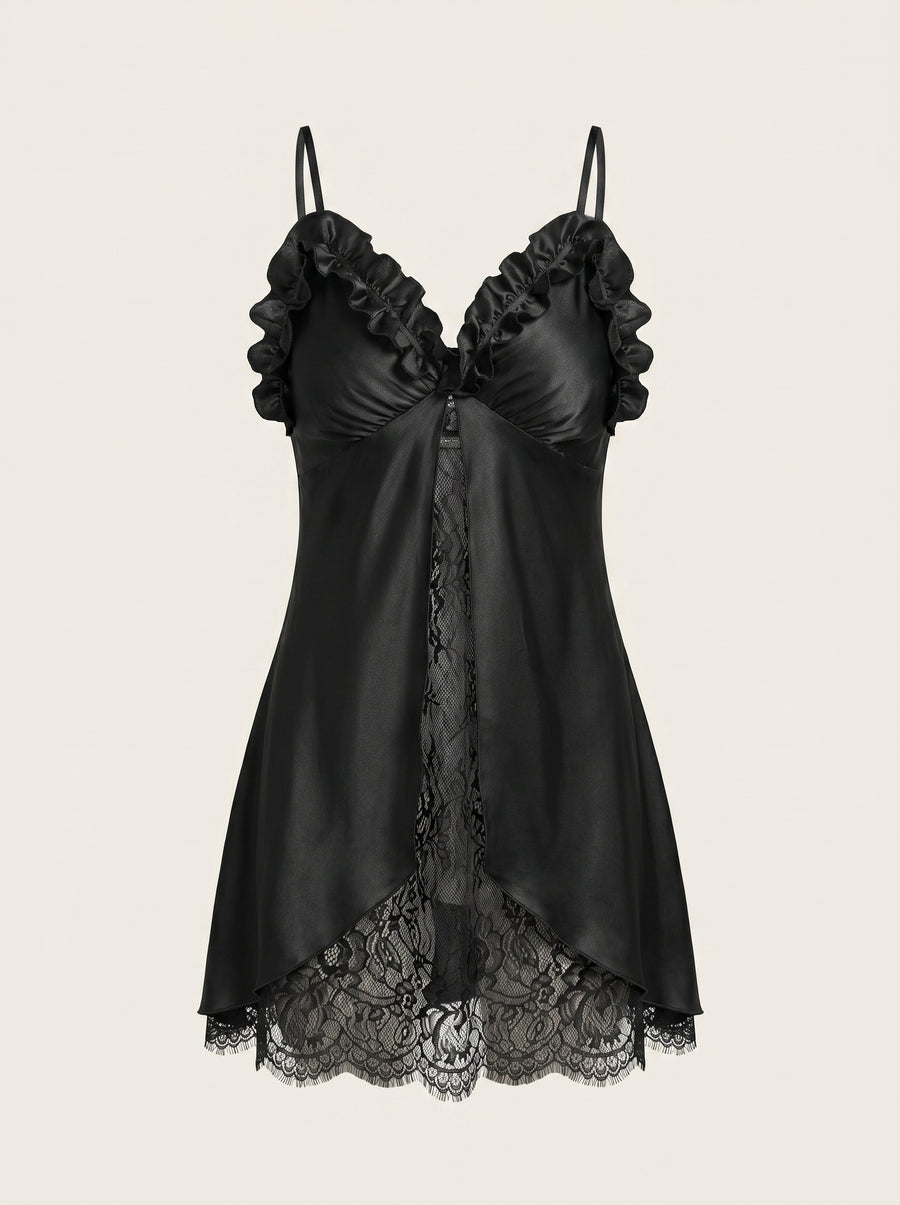 Alluring Black Satin Babydoll with Ruffle Trim-Nightgown-Bellascena-Black-S-bellascena