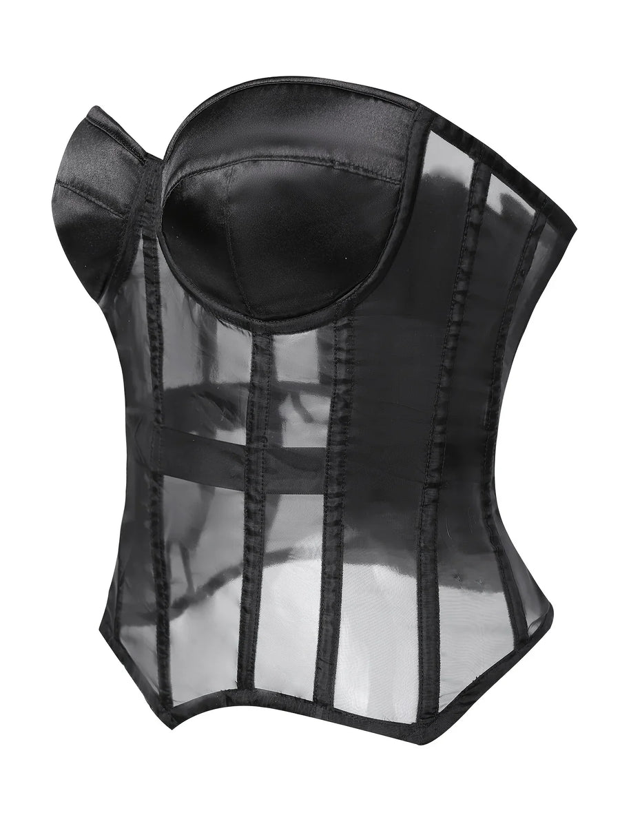 Alluring Black and Red Satin Corset with Sheer Back Tie-Corset-Bellascena-bellascena