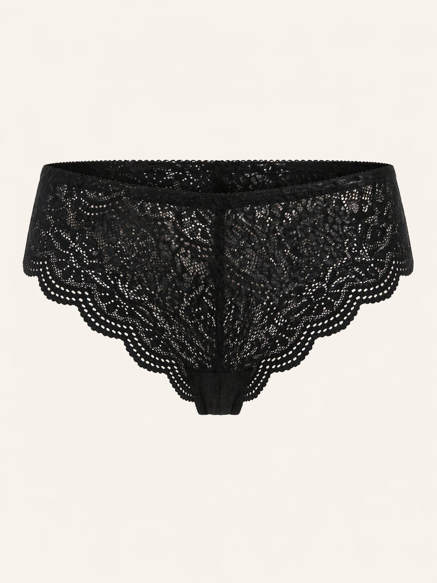 Alluring Floral Black Lace Panty with Scalloped Edges-Panty-Bellascena-Black-Universal-bellascena