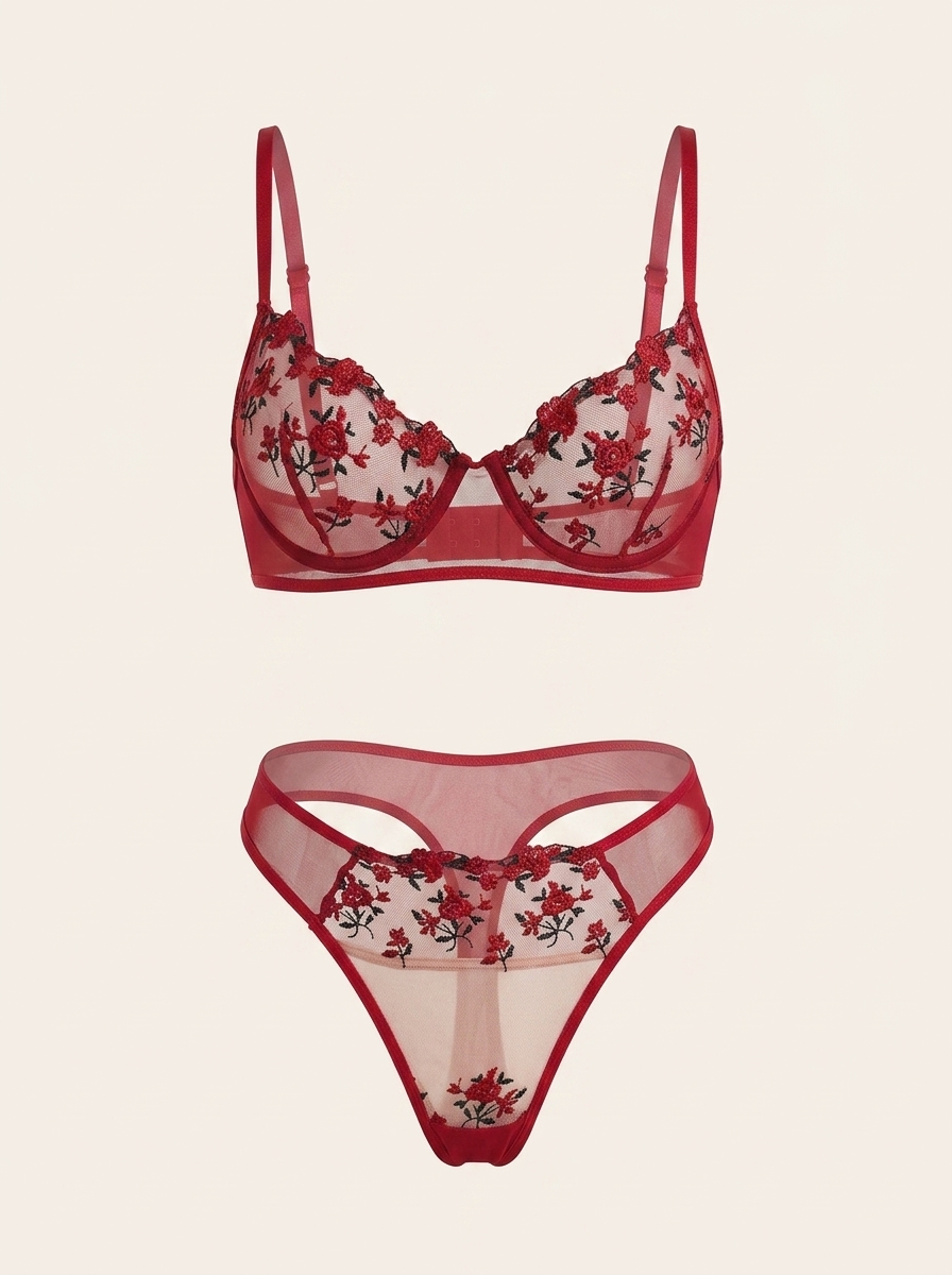Alluring Floral Red Embroidered Mesh Lingerie Set with Strappy Detail-Lingerie Set-Bellascena-Red-S-bellascena
