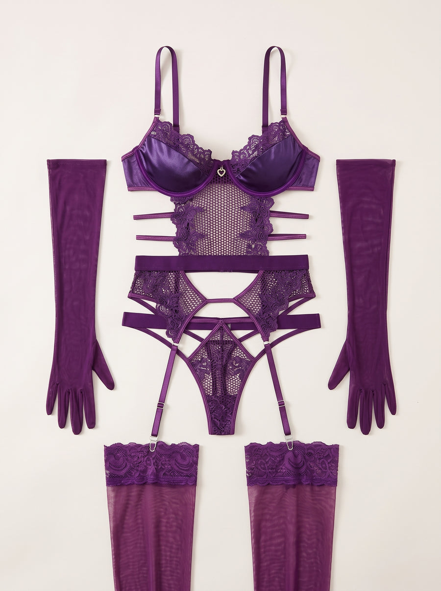 Alluring Purple Lace Bodysuit with Strappy Detailing-Bodysuit-Bellascena-bellascena