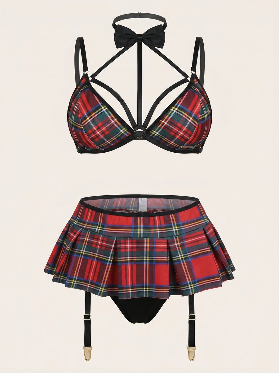 Alluring Red Plaid Satin Bodysuit with Strappy Cutout-Bodysuit-Bellascena-S-Red-bellascena