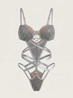 Alluring Silver Satin Teddy with Strappy Details-Bodysuit-Bellascena-Silver-S-bellascena