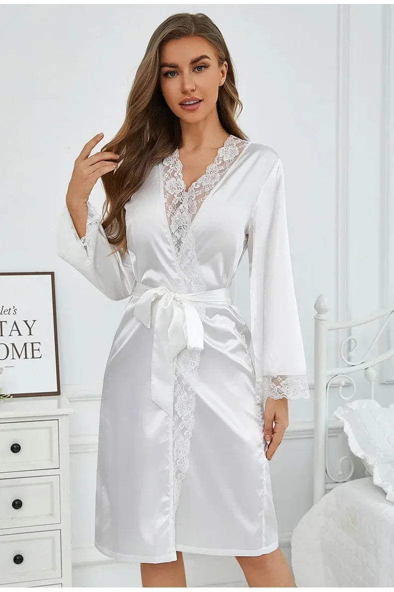 Alluring White Satin Kimono Robe with Lace Trim-Kimono Robe-Bellascena-bellascena
