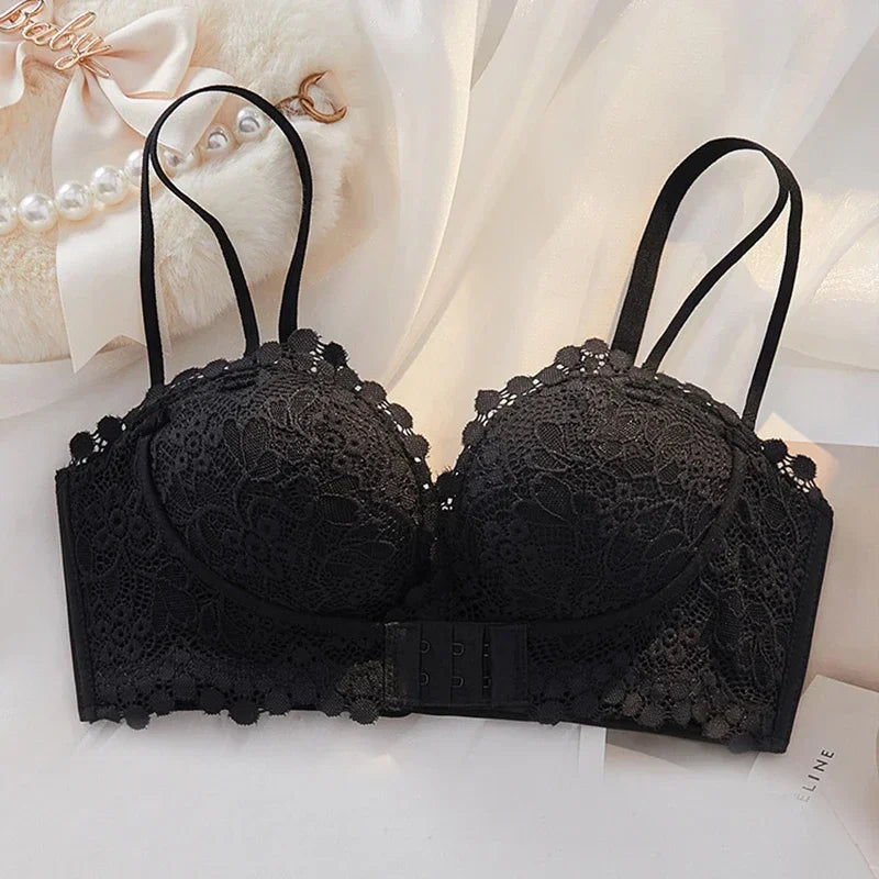 Beige Lace Bralette Set with Strappy Sheer Elegance-Bra-Bellascena-Black-32-bellascena