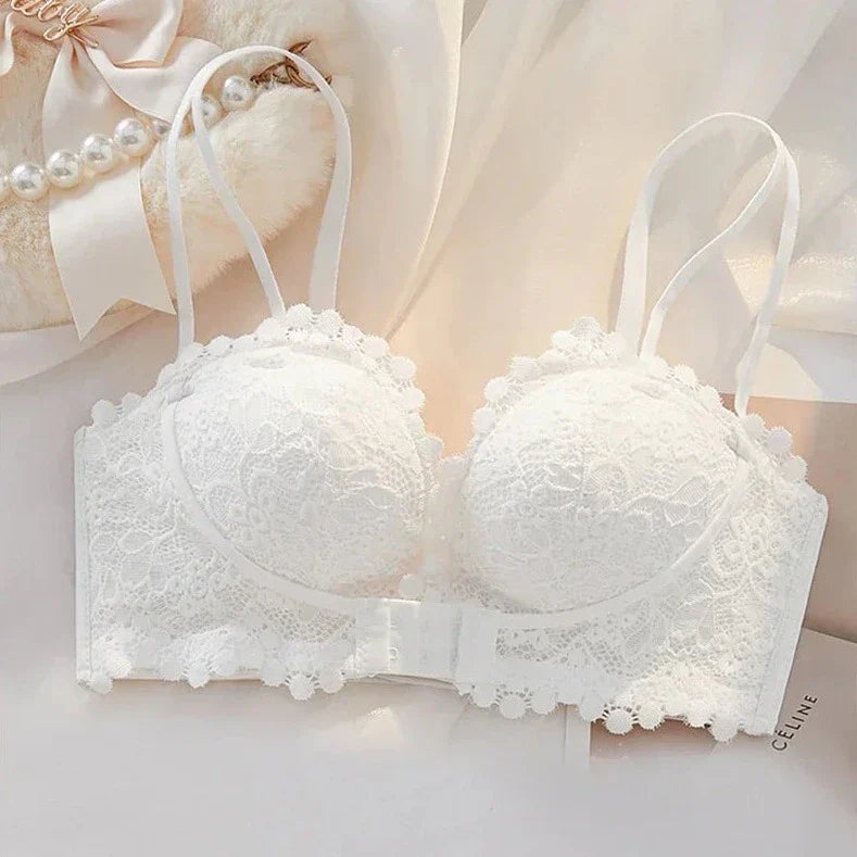 Beige Lace Bralette Set with Strappy Sheer Elegance-Bra-Bellascena-White-32-bellascena