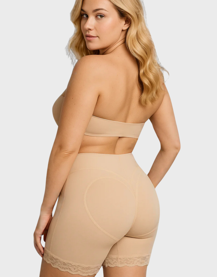 Beige Nylon Shapewear with Sheer Lace Trim-Shapewear-Bellascena-bellascena