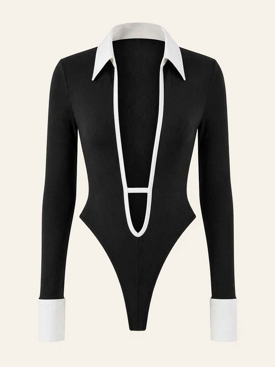 Black Cotton Bodysuit with Plunge Collar and Long Sleeves-Bodysuit-Bellascena-Black-S-bellascena
