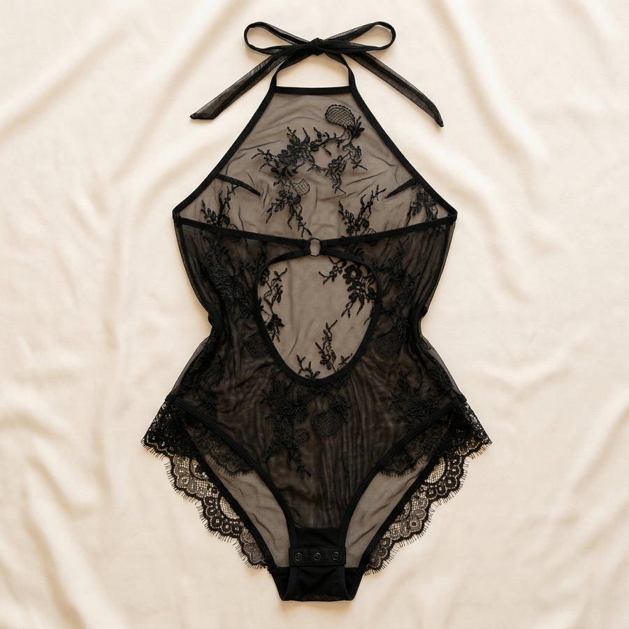 Black Embroidered Mesh Nightgown with Lace Hem-Nightgown-Bellascena-bellascena