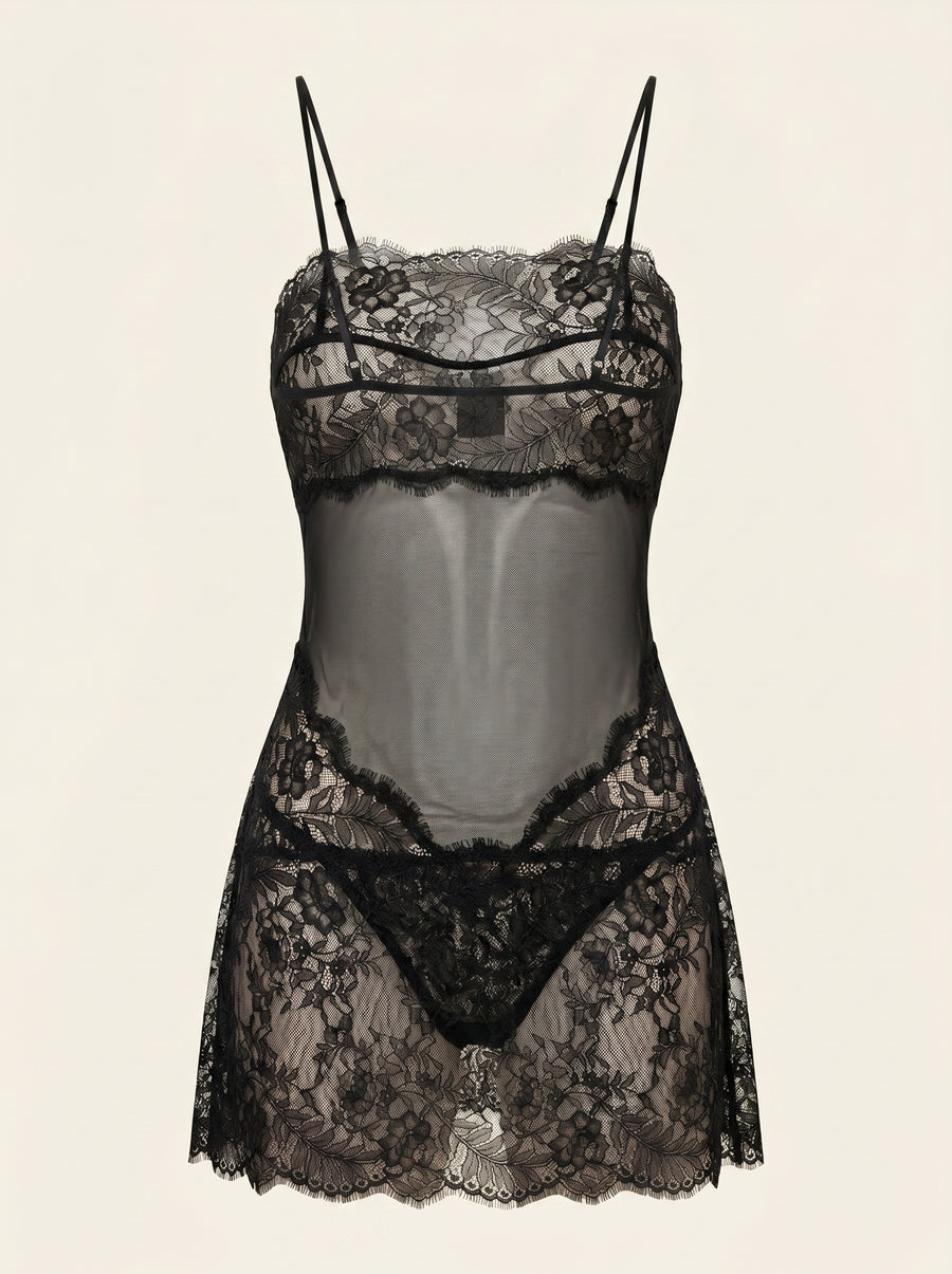 Black Embroidered Nightgown with Sheer Elegance-Nightgown-Bellascena-S-Black-bellascena