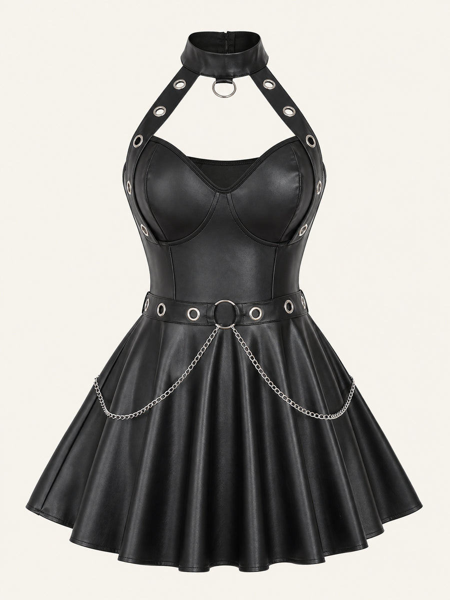 Black Faux Leather Halter Neck Dress with Buckles-Nightgown-Bellascena-Black-S-bellascena