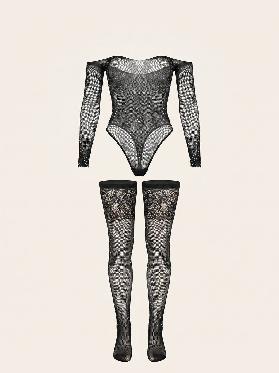 Black Fishnet Bodysuit with Rhinestone Accents-Bodysuit-Bellascena-S-Black-bellascena