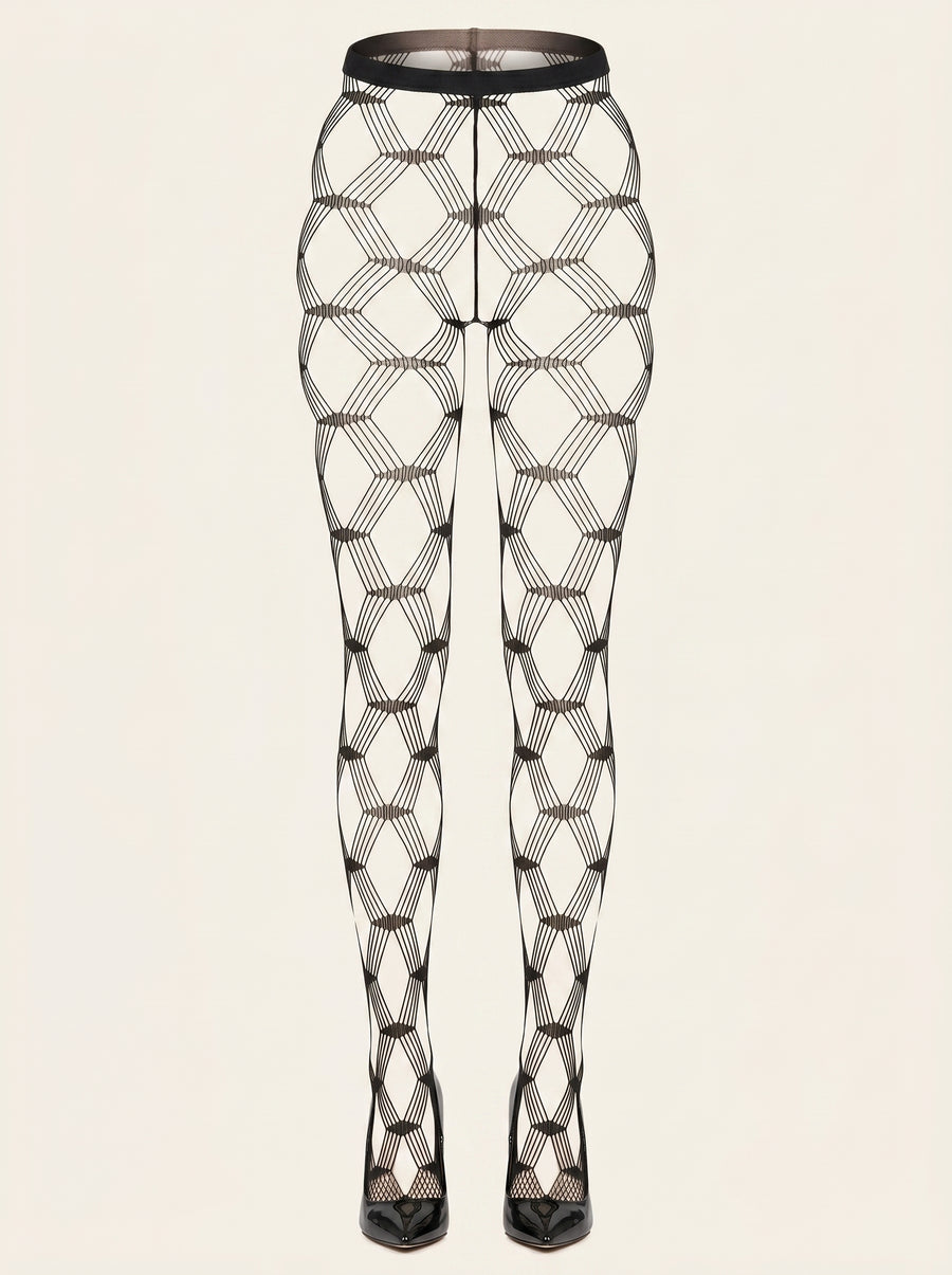 Black Fishnet Tights with Geometric Pattern-Tights-Bellascena-Black-bellascena