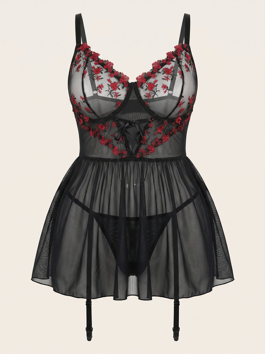 Black Floral Embroidered Lace Nightdress Set with Lace-Up Design-Nightgown-Bellascena-Black-XL-bellascena