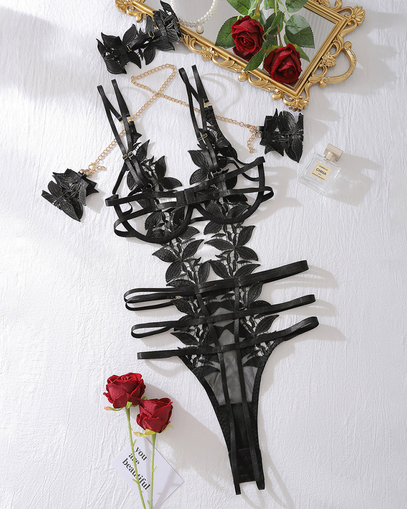 Black Floral Embroidered Mesh Bodysuit with Chain Detail-Bodysuit-Bellascena-bellascena