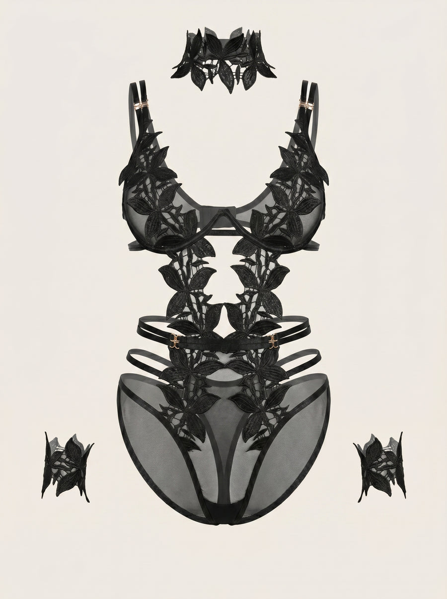 Black Floral Embroidered Mesh Bodysuit with Chain Detail-Bodysuit-Bellascena-Black-S-bellascena