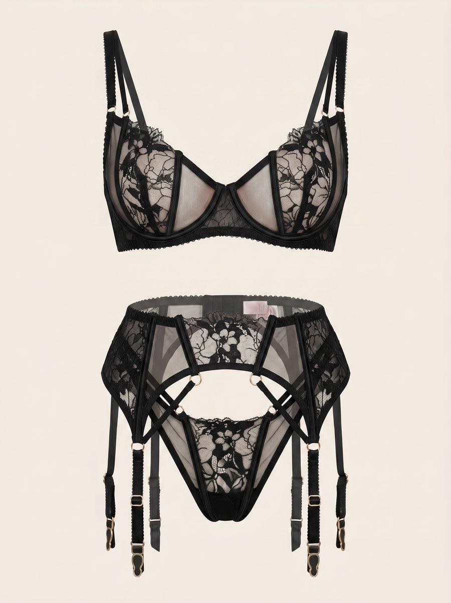 Black Floral Embroidered Mesh Lingerie Set with Garter Straps-Lingerie Set-Bellascena-S-S-Black-bellascena