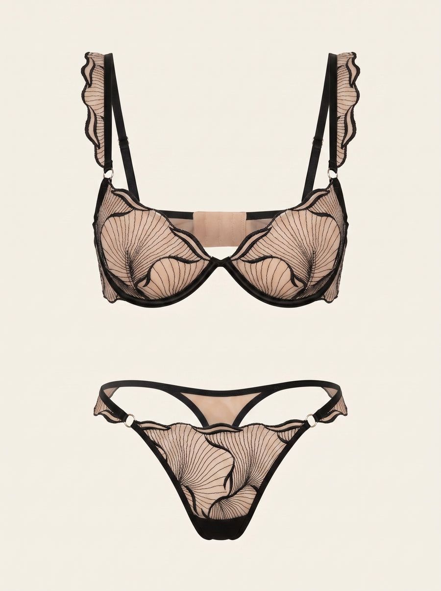 Black Floral Embroidery Mesh Lingerie Set with Bow Detail-Lingerie Set-Bellascena-S-S-Black-bellascena