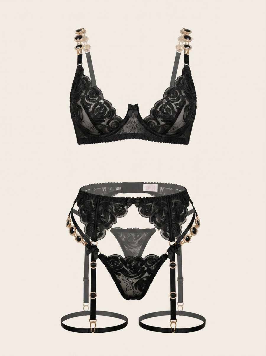 Black Floral Lace Lingerie Set with Scalloped Edges-Lingerie Set-Bellascena-S-S-Black-bellascena
