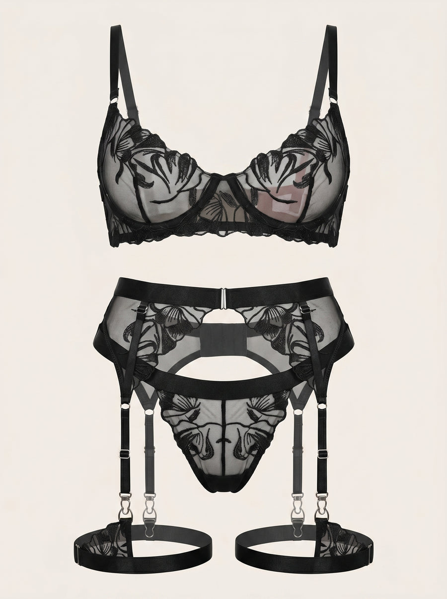 Black Floral Mesh Lingerie Set with Floral Embroidery-Lingerie Set-Bellascena-XS-XS-Black-bellascena