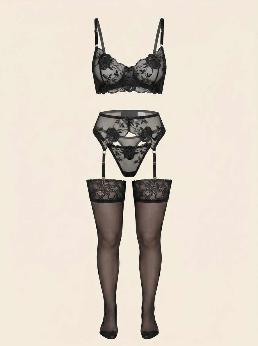 Black Floral Mesh Lingerie Set with Scalloped Edges-Lingerie Set-Bellascena-XS-XS-Black-bellascena