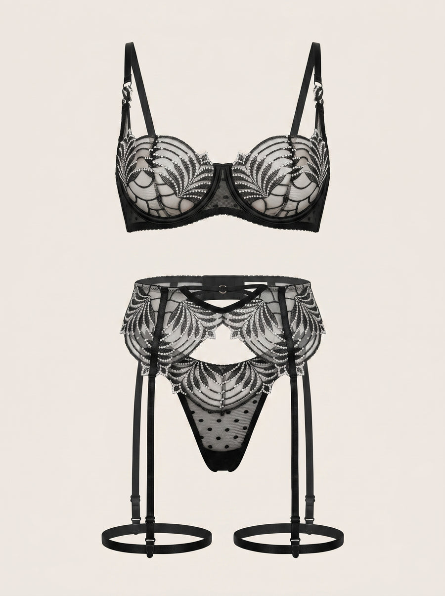 Black Floral Mesh Lingerie Set with Strappy Detail-Lingerie Set-Bellascena-S-S-Black-bellascena