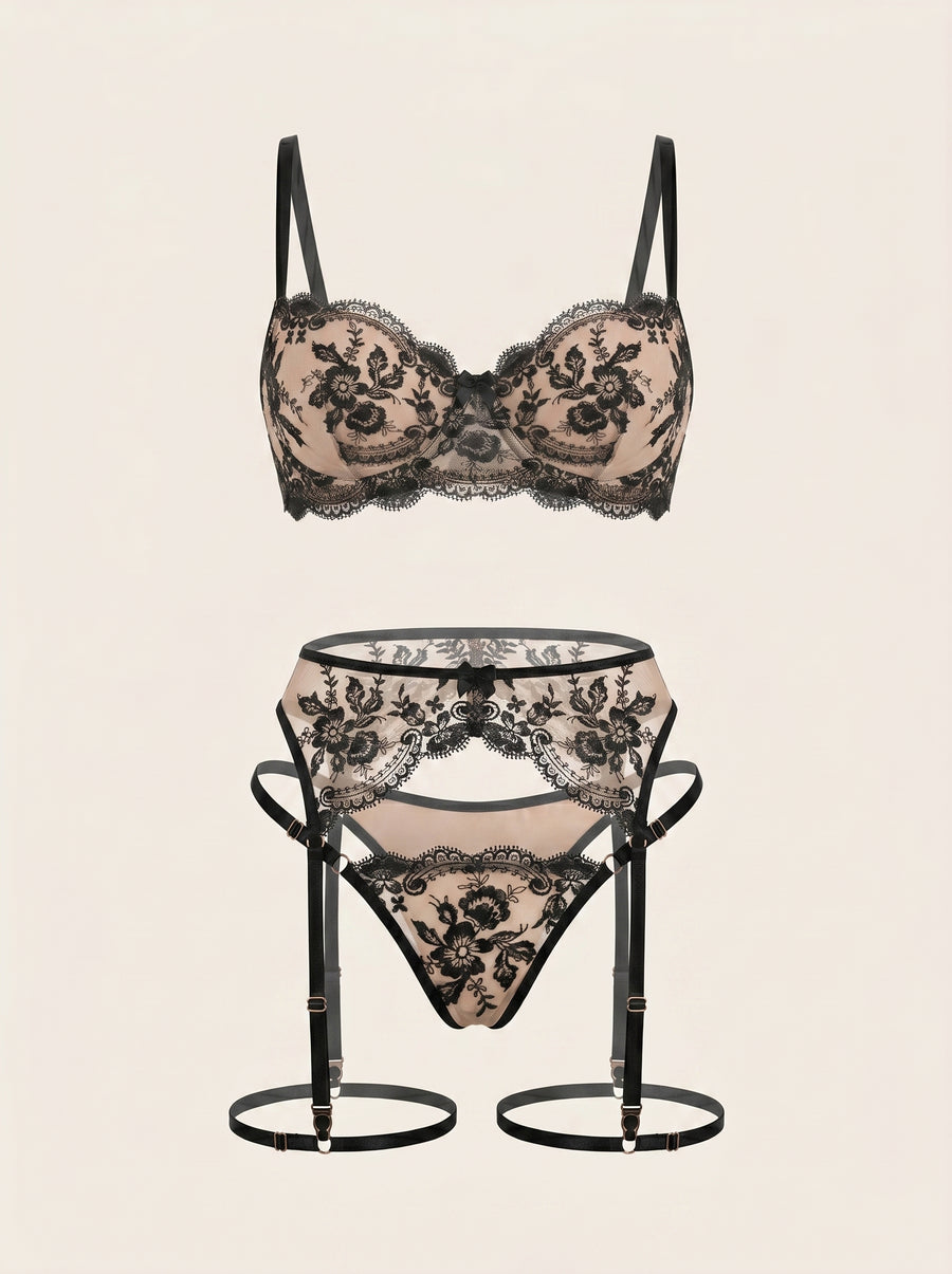 Black Floral Mesh Lingerie Set with Strappy Details-Lingerie Set-Bellascena-S-Black-bellascena