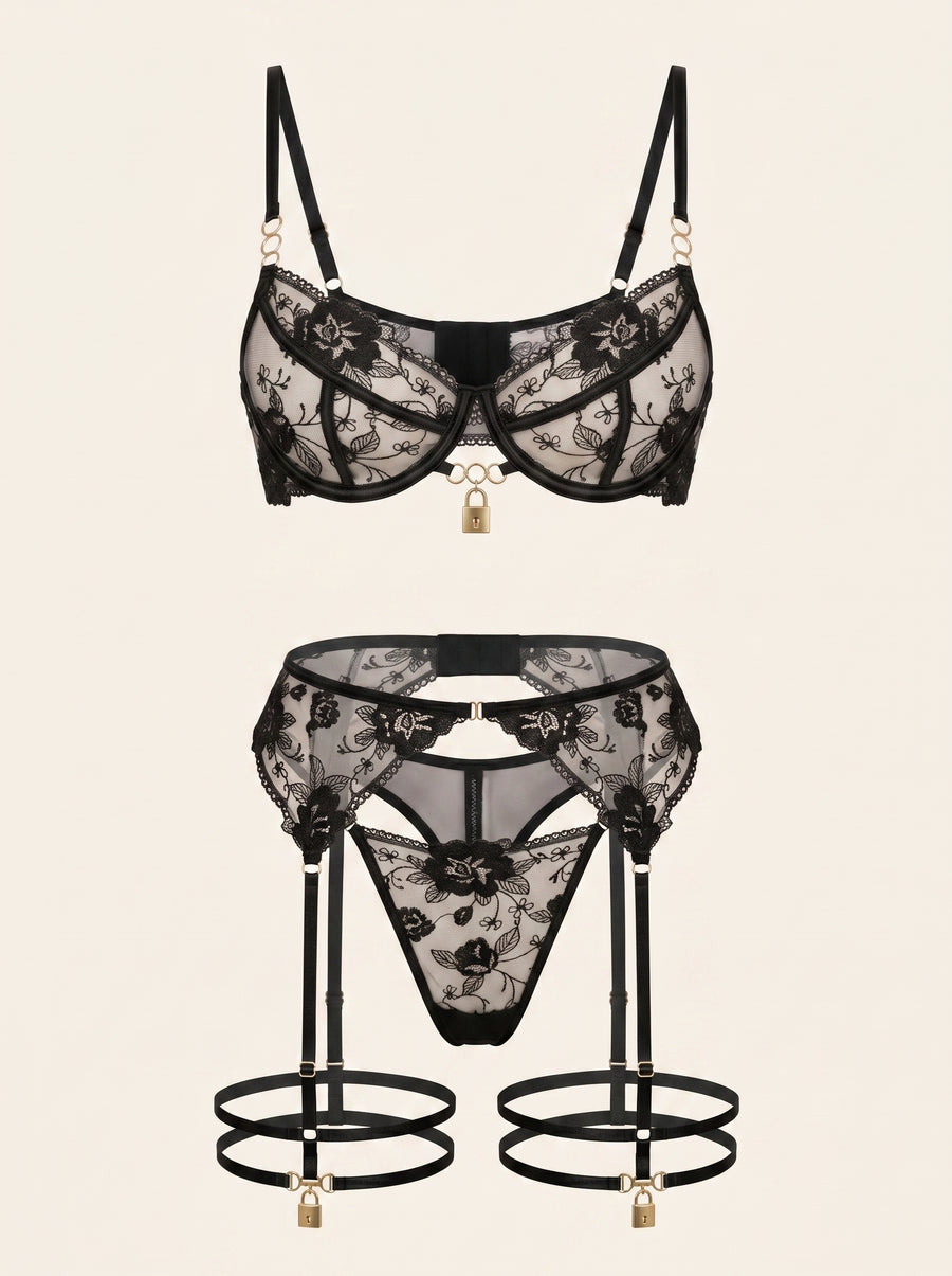 Black Floral Mesh Lingerie Set with Strappy Embellishments-Lingerie Set-Bellascena-S-S-Black-bellascena