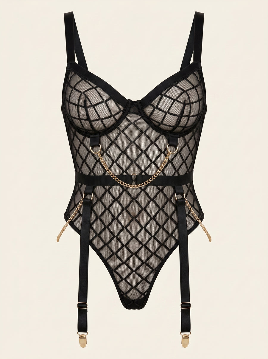 Black Geometric Mesh Bodysuit with Cutout Design-Bodysuit-Bellascena-S-Black-bellascena
