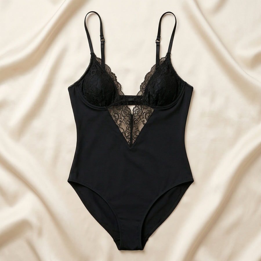 Black Lace Bodysuit with Strappy Detail-Bodysuit-Bellascena-bellascena