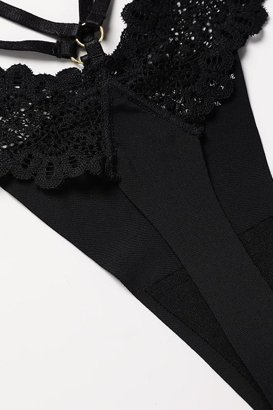 Black Lace Bodysuit with Strappy Detailing-Bodysuit-Bellascena-bellascena
