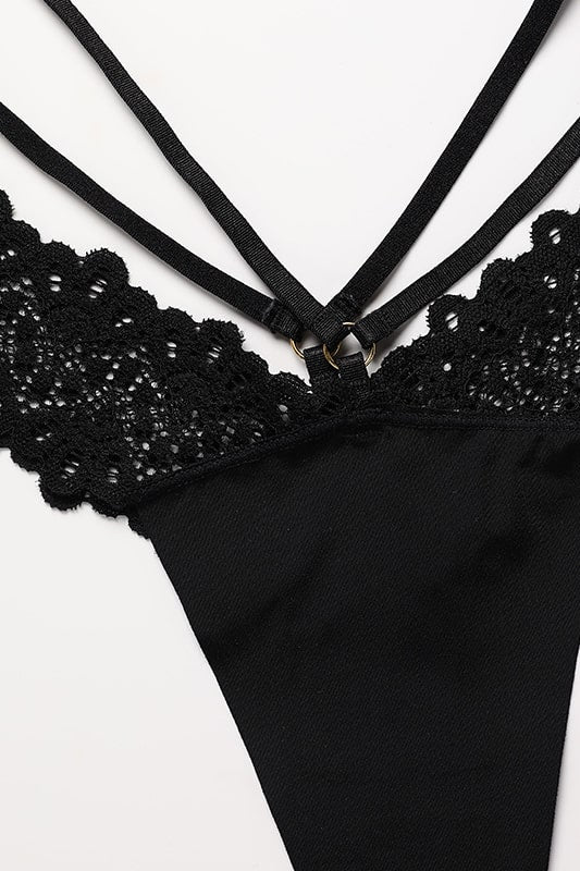 Black Lace Bodysuit with Strappy Detailing-Bodysuit-Bellascena-bellascena