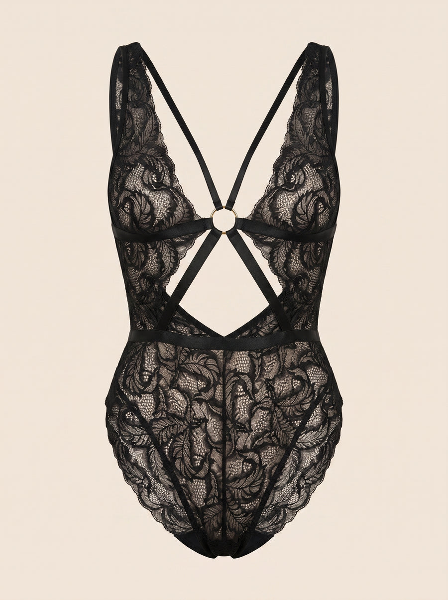 Black Lace Bodysuit with Strappy Sheer Elegance-Bodysuit-Bellascena-S-Black-bellascena