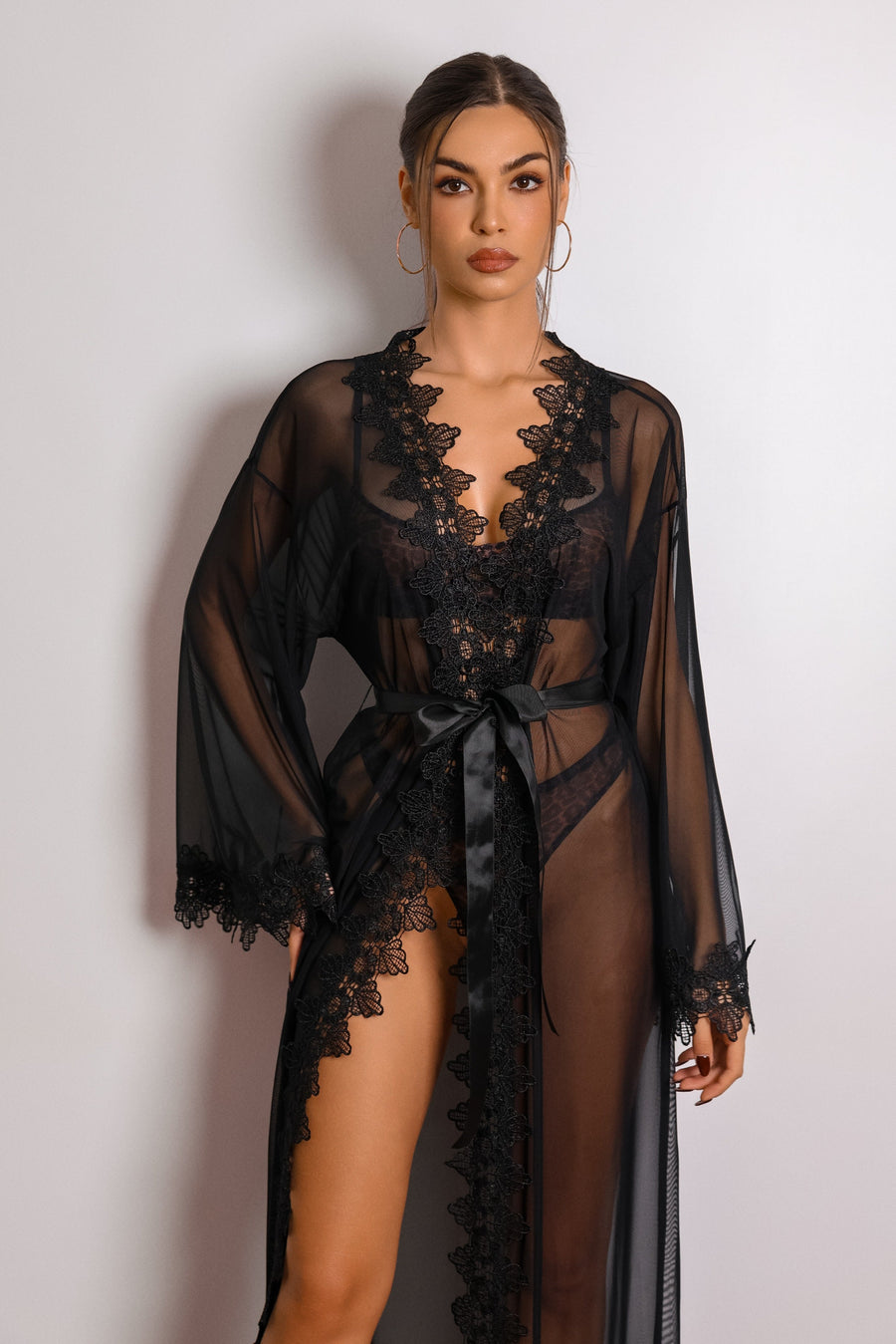 Black Lace Kimono Robe with Sheer Elegance-Kimono Robe-Bellascena-bellascena