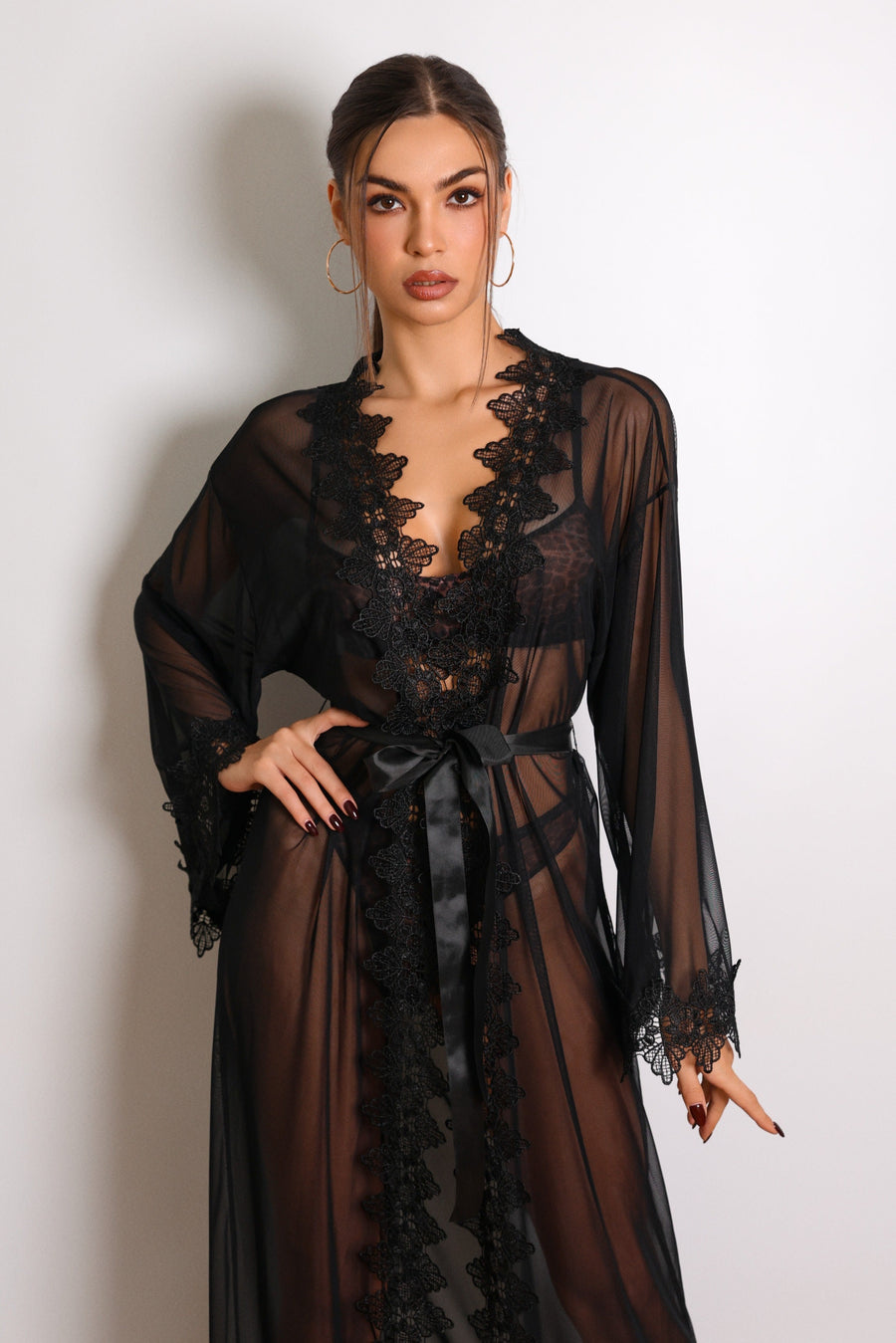 Black Lace Kimono Robe with Sheer Elegance-Kimono Robe-Bellascena-bellascena